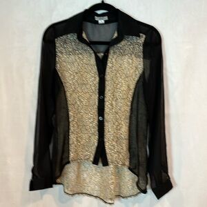 ISSA Women's High Low Lace Detail Button Down Sheer long sleeve blouse sz Medium